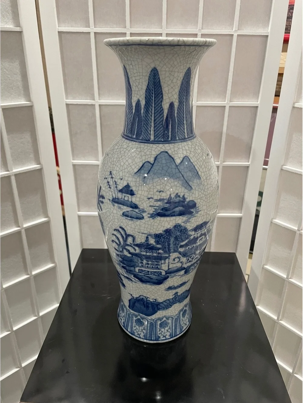 Vintage Blue and White Chinese Porcelain Vase with Crackle Glaze